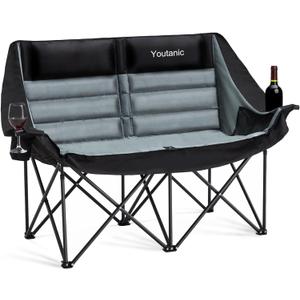 Oversized Camping Chair, Double Folding Loveseat Camping Couch with Pocket, Cup Holder and Carry Bag, Heavy Duty Portable Camping Chairs for Adults, Fishing, Sports, Trip, up to 660lbs, Black