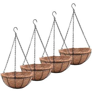 14 inch Metal Hanging Baskets For Plants Outdoor 4 Pack Round Metal Wire Hanging Basket Planter with Coco Fiber Liners Chain Round Wire Plant Holder for Garden, Patio, Deck, Porch Plants Flower Potss