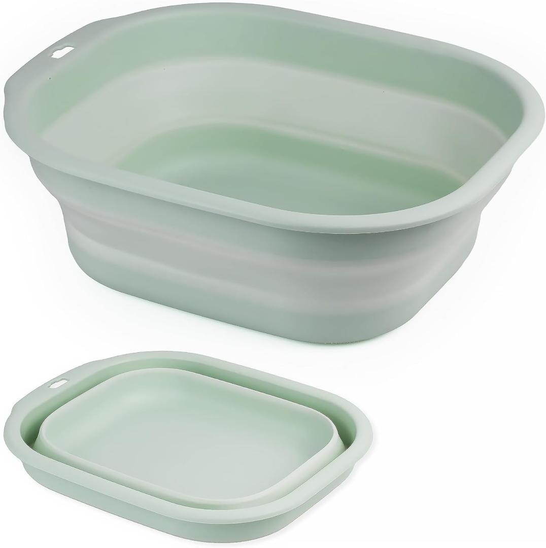 Collapsible Wash Basin Set of 2, Foldable Small Medium Size Wash Basin, Portable Plastic Basins for Laundry, Bottles, Travel, Camping (Green)
