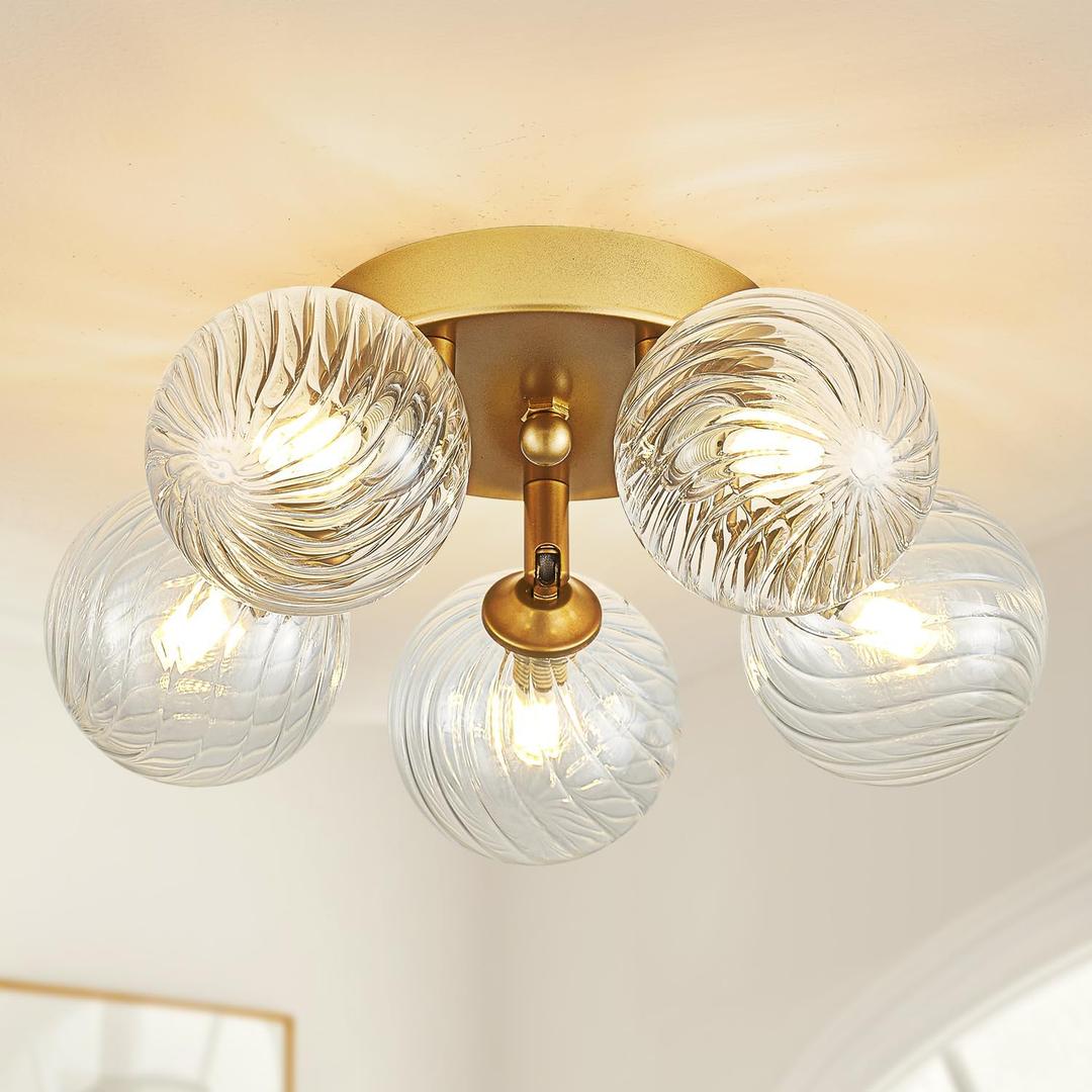 Gold Ceiling Bubble Light Fixture Modern 5 Lights Swirled Clear Ribbed Blown Glass Ball Chandelier Semi Flush Mount Lighting Dia 12.6" for Hallway Entryway Kitchen Dining Room