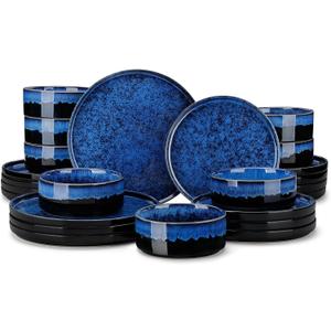 vancasso Starry Plates and Bowls Sets for 8, 24 Pieces Blue Dinnerware Sets for Kitchen, Modern Stoneware Dishes Set, Dishwasher and Microwave Safe