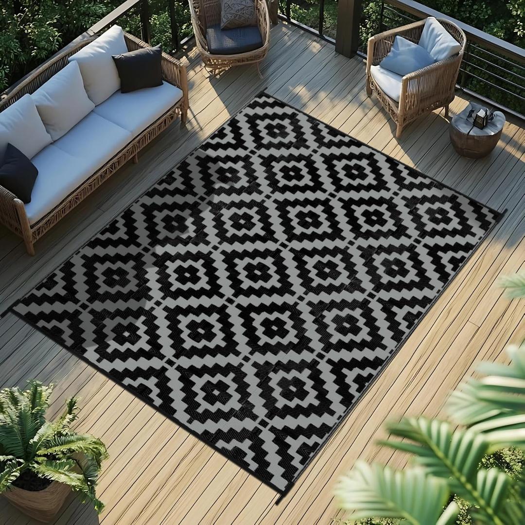 Favoyard Outdoor Rug 8x10 ft Waterproof Reversible Patio Plastic Straw Rugs for Decor Clearance Outside Large RV Camping Area Carpet Mat for Porch Deck Balcony Pool Backyard Picnic Beach Camper Door (Black & Gray)