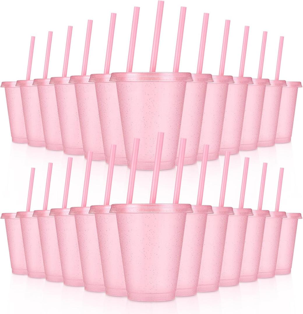 24 Pcs Plastic Tumblers with Lids and Straws, Reusable Cups with Lids Plastic Colorful Cups for Party Birthday, Iced Coffee Cup Travel Mug Cold Drink Tumblers Bulk (16 oz, Light Pink)