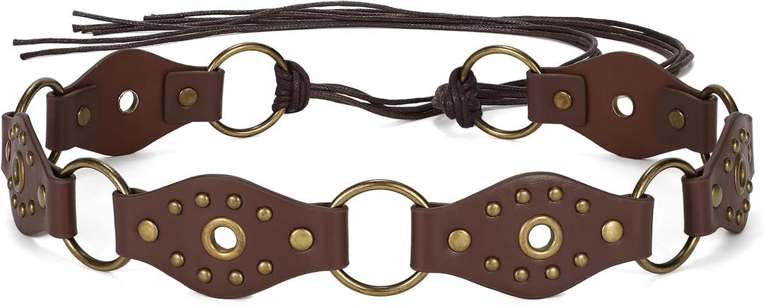 SANSTHS Womens Western Bohemian Rope Braid Belt with Metal Rings Rivets Engraved Discs, Versatile for Festivals Street Style (Fits waist from 24"-45", Brown-bronze Buckle)