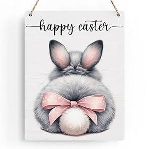 Funny Easter Bunny Decor Happy Easter Wall Decor Cute Bunny Butt Decor Pink Easter Bow Decor, Easter Girl Gift Wooden Sign Wall Art Decor for Farmhouse Home Porch Bedroom Living Room Office