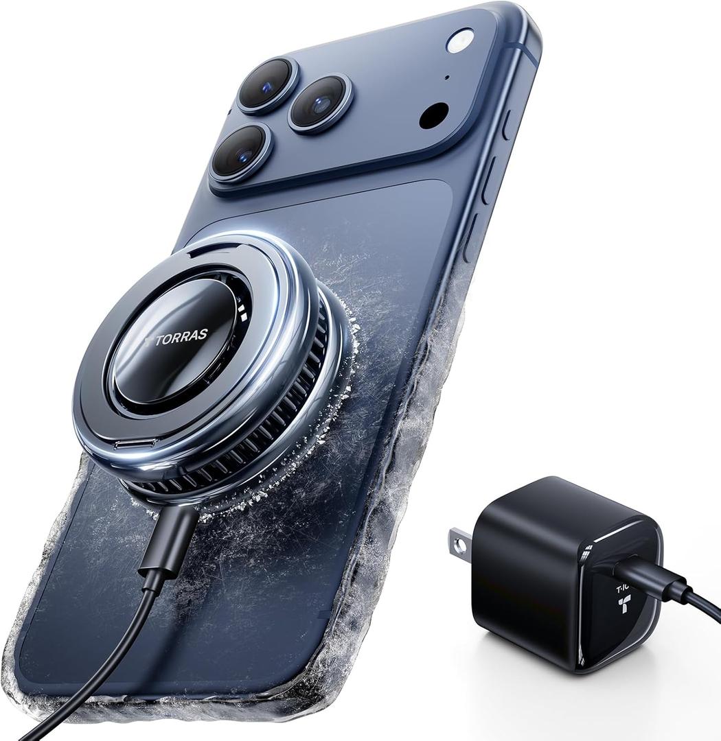 TORRAS PolarCircle Qi2.2 Wireless Charger, 25W Cooling Magnetic Pad for Samsung Galaxy S26/S25, Wireless Charger for iPhone 17/16 with 360Spin Stand, Semiconductor Phone Cooler, with 45W IceNano Plug (Sapphire Black)