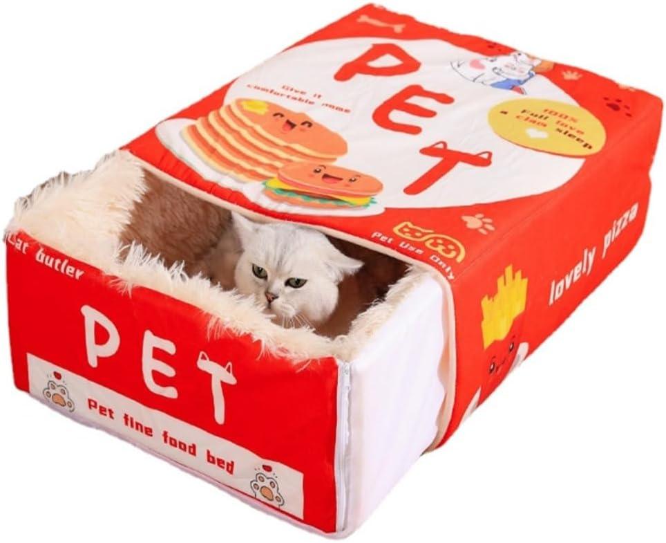 Cat Nest Snack Box Bed Biscuit Burger Box Pet Bed Winter Warm Dog House Removable Plush Pad Closed Four-Season Pet Nest (L,Red)