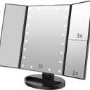 Flymiro Tri-fold Lighted Vanity Makeup Mirror with 3x/ 2x Magnification, 21 LEDs Light and Touch Screen, 180 Degree Free Rotation Countertop Cosmetic Mirror, Travel (Black)