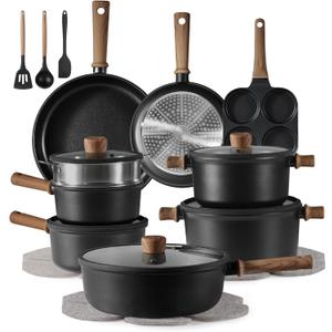 CAROTE 24Pcs Nonstick Kitchen Cookware Sets, Non stick Pots and Pans set, Induction Cookware Set Black