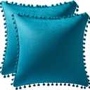 DEZENE Throw Pillow Cases 16x16 Turquoise: 2 Pack Cozy Soft Pom-poms Velvet Square Decorative Pillow Covers for Farmhouse Home Decor