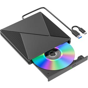 Umaniy DVD Player for Laptop, External CD Drive for Mac, USB 3.0 USB C Portable CD Burner External Disk Drive, DVD Reader Writer ROM Drive Compatible with Laptop Desktop Mac,Windows 10/8/7 Linux