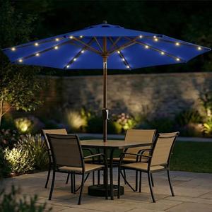 11FT Solar Patio Umbrella with Lights, Outdoor Table Market Umbrella with 32 LED Lights, 8 Sturdy Ribs, Smooth Crank Lift for Pool, Deck and Garden, UV-Resistant, Blue