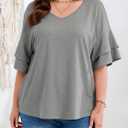 Beautife Womens Plus Size V Neck T Shirts Short Ruffle Sleeve Blouses 2026 Summer Casual Loose Fit Knit Tops (Gray, XXXL)