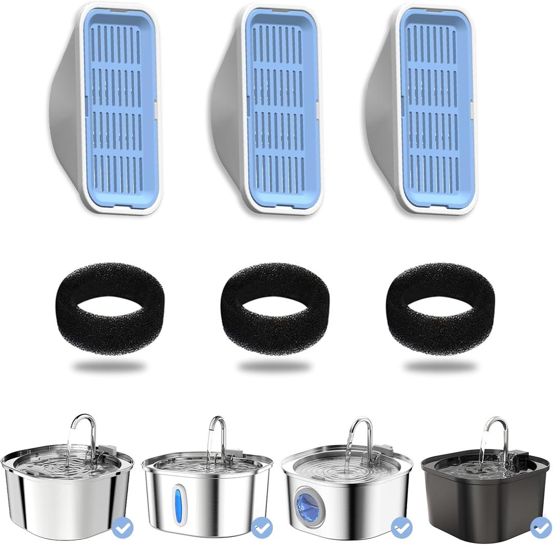 PEKTACO Cat Water Fountain Filters Replacement & Pre-Filter Sponges for 3.2L/108oz Automatic Pet Fountain, Dog Water Dispenser (3 Filters+3 Sponges) (Standard)