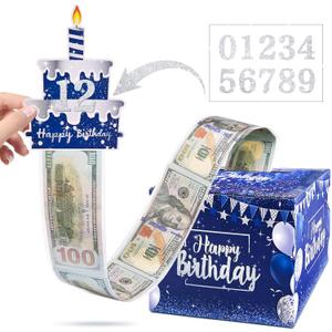 Birthday Money Pull Box for Cash Gift with DIY Self-Adhesive Stickers for Any Age, Happy Birthday Money Box for Cash Gift Pull Out Cake Card and 100Pcs Bags, Birthday Party Decor Ideas-Blue