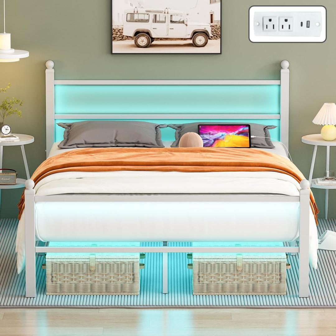 Full Size Bed Frame with Headboard and Footboard,White Metal Platform Bed Frames with LED Lights and USB Charging Station,Heavy Duty Metal Slats,No Box Spring Needed,Sturdy&Noise Free