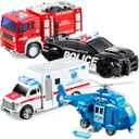 JOYIN 4 Packs Emergency Vehicle Toy Playsets, Friction Powered Vehicles with Light and Sound, Including Fire Truck, Ambulance, Play Police Car and Helicopter, Toddler Kids Boys Gifts