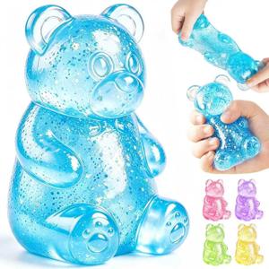 4 x Glitter Bear Squishy Toy, Bear Stress Balls, Squeeze Toys for Kids Adults, Anxiety Relief Sensory Toys Party for Favors Birthday Gifts(A-Blue)