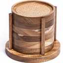Wood Coasters for Drinks with Wooden Holder, Wooden Coaster with Cork for Tabletop Protection, Drink Coasters for Coffee Table, Desk, 4.13 Inch, Set of 6 (Rustic Coasters with Wooden Holder)