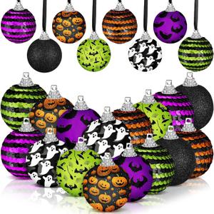 Zeyune 16 Pcs Halloween Ball Ornaments for Tree 2 Inch Halloween Tree Decorations Pumpkin Ghost Bat Spider Glitter Ornaments with Sequins for Holiday Party Hanging Decorations (Spooky Style)