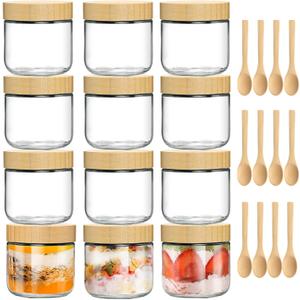 12 Pack 10oz Glass Jars with Bamboo Lids, Spoons, Airtight Overnight Oats Containers, Salad & Yogurt Storage, Mason Jars for Snacks, Spices, Meal Prep  Reusable