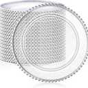 Hoolerry 50 Pack Clear Charger Plates Bulk 13 Inch Plastic Round Beaded Dinner Chargers Acrylic Frosted Grain Decorative Service Plates for Wedding Party Event, Home and Kitchen Tabletop (Silver), approx. 13 inch
