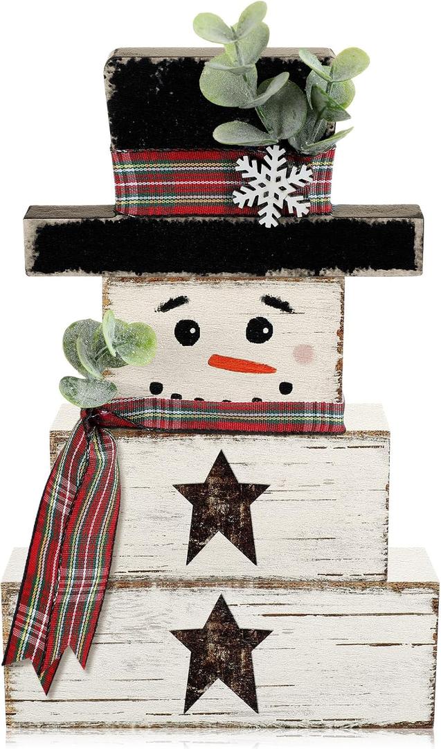 Yousoontic 4 Pcs Winter Snowman Wooden Table Decorations Snowman Rustic Block Signs Centerpiece Tiered Tray Decor Wood Farmhouse Vintage Ornaments Gift Tabletop Decor for Entryway Home Desk Room
