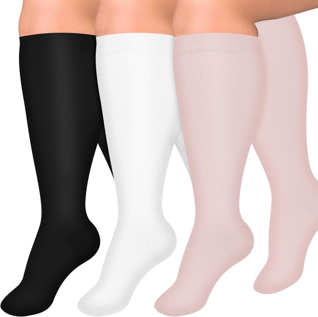 Diu Life 3 Pairs Plus Size Compression Socks for Women and Men Wide Calf Extra Knee High Support for Circulation (4X-Large, 02 Assorted 04)