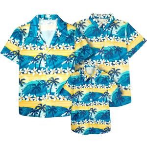 Family Hawaiian Matching Outfits Father Son Matching Shirts Tropical Flower Short Sleeve Button Down Tops (Blue)
