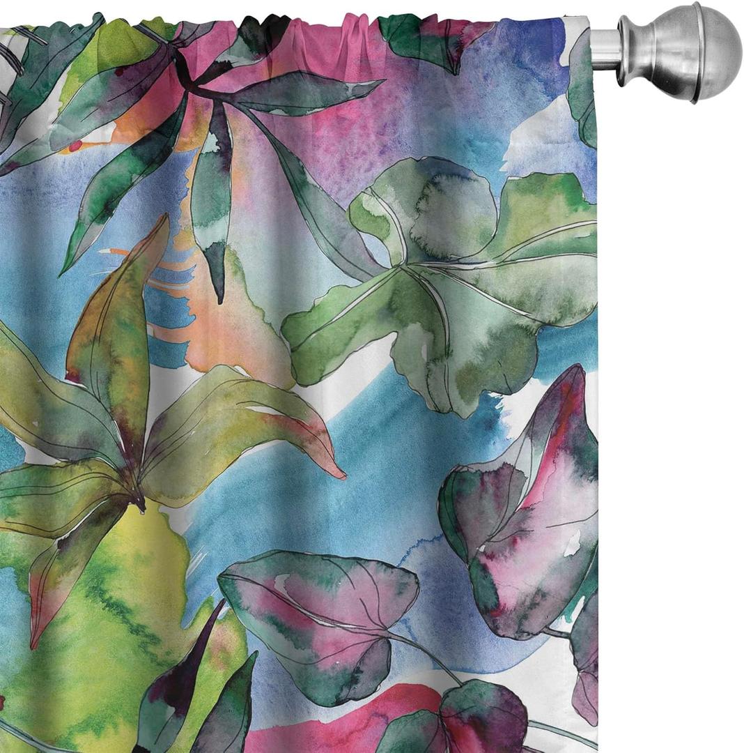 Ambesonne Leaf Print Curtains, Colorful Watercolor Pattern of Leaves Modern Abstract Botanical Art, Window Treatments 2 Panel Set for Living Room Bedroom, Pair of - 28" x 63", Green Blue and Pink