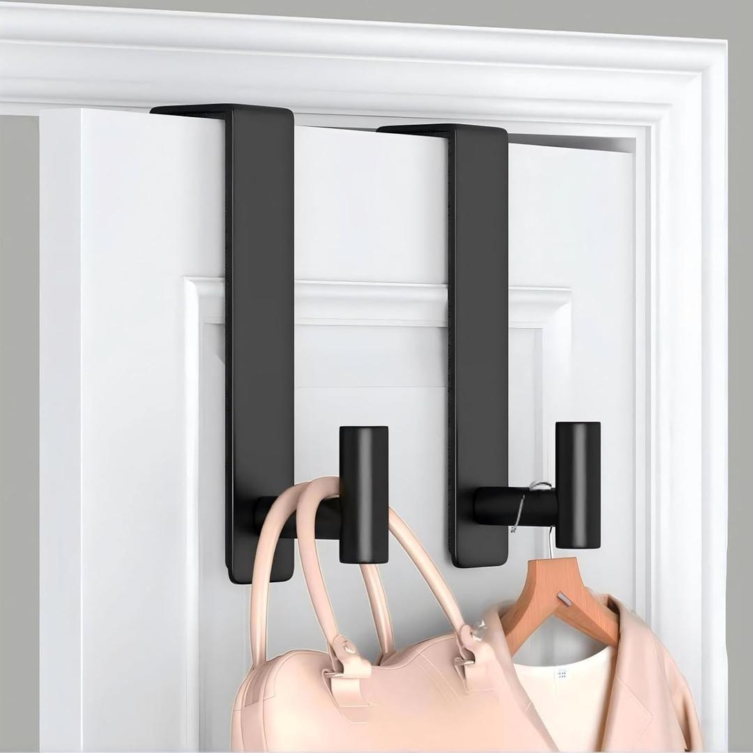 Heavy Duty Stainless Steel Over-Door Hook for Coats, Totes, Towels Easy Install Door Hooks with Non-Slip Pads for Bedroom Bathroom Entryway Office (Black, 2 Pack, Fits 1-3/4" Thick Door)