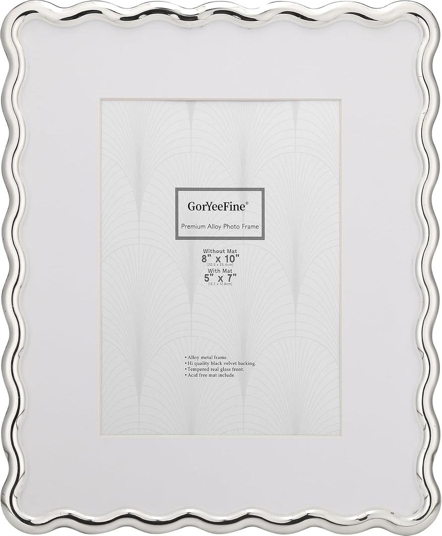 Silver 8x10'' Heavy-Duty Zinc Alloy Photo Frames with Acid Free Mat for 5x7'',Wave Design Silver Picture Frame 8x10'' with Black Velvet Backing,for Desktop and Wall Hanging