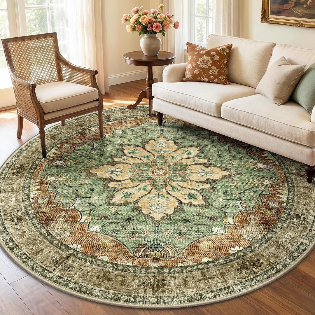 RELEANY Area Rugs 6ft Washable Non-Slip, Floral Vintage Distress Print Pattern Medallion Carpet for Living Room Bedroom Dining Room, Brick Red Rust Neutral Brown Burnt Orange
