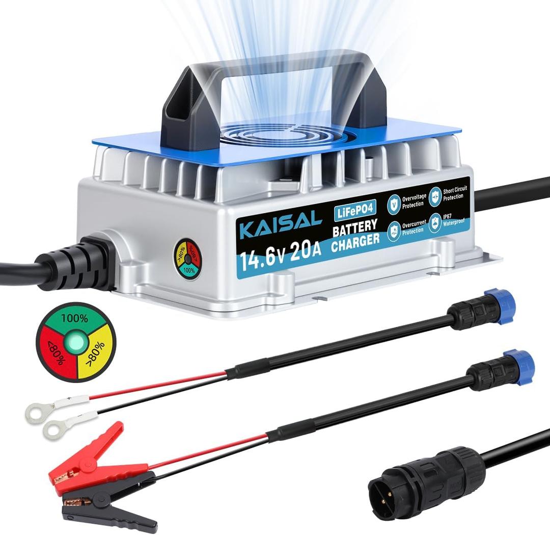 12V 20A Lithium Battery Charger 14.6V LiFePO4 Battery Charger IP67 Waterproof & 0V Wake Up 12 Volt Lithium Charger with 8 Protection for 12.8V LiFePO4 Battery of RV, Marine, Solar, Trolling Motor,Home