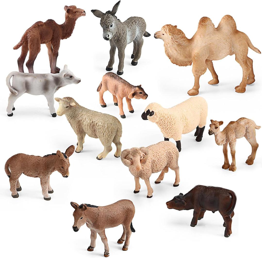 Glimin 12 Pcs Christmas Nativity Animals Set Small Sheltering Animals Collectible Figurines Include Camel Sheep Donkey Cow Figures for Holy Family Outdoor Indoor Xmas Tree Decoration Gift