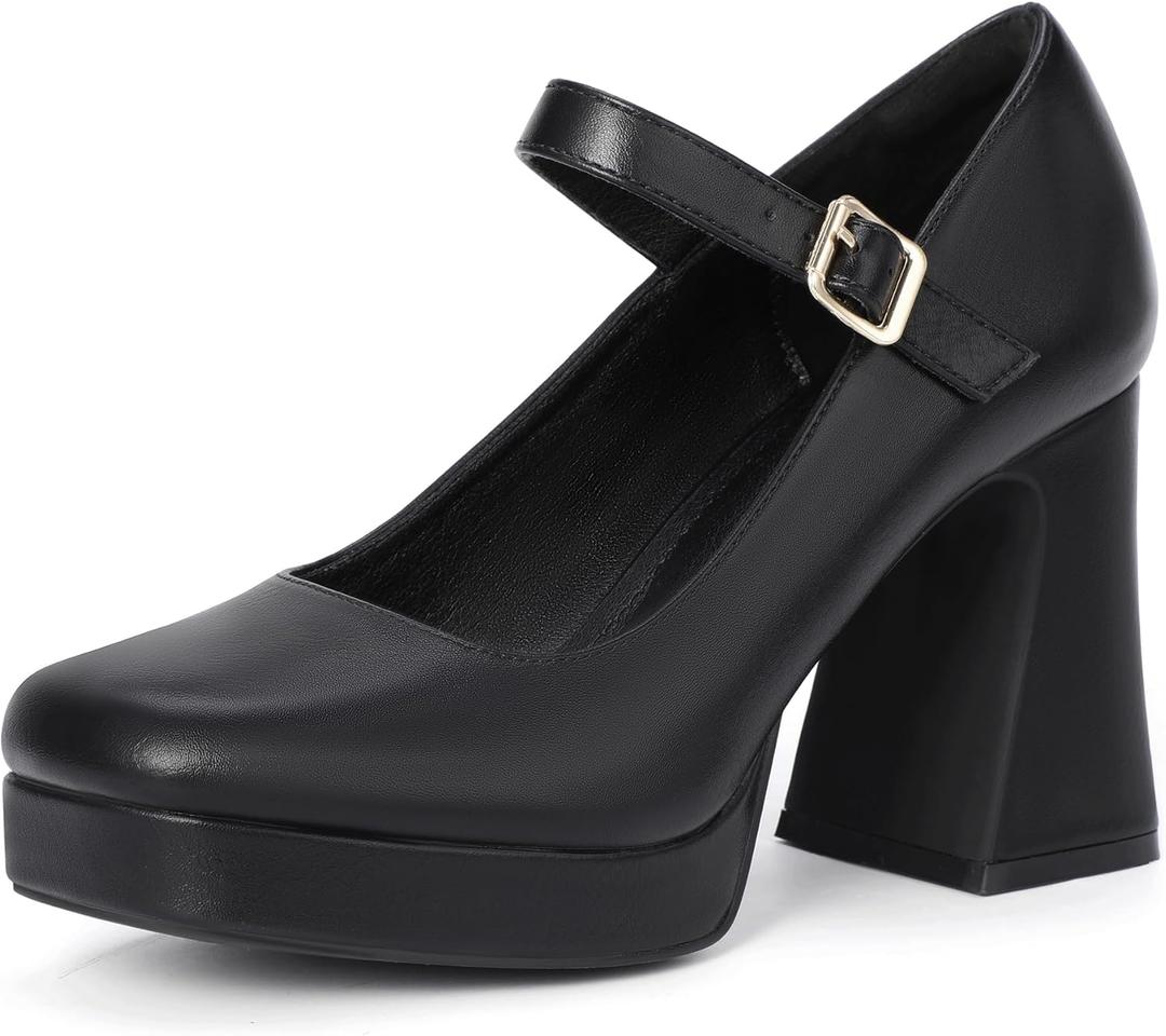 IDIFU IN4 Platform Mary Jane Shoes Women's Pumps High Chunky Square Closed Toe Heels Block Ankle Strap Work Wedding Prom Comfortable Dress Shoe Dressy Cute Trendy Vintage Heel Pump Shoes (8.5)