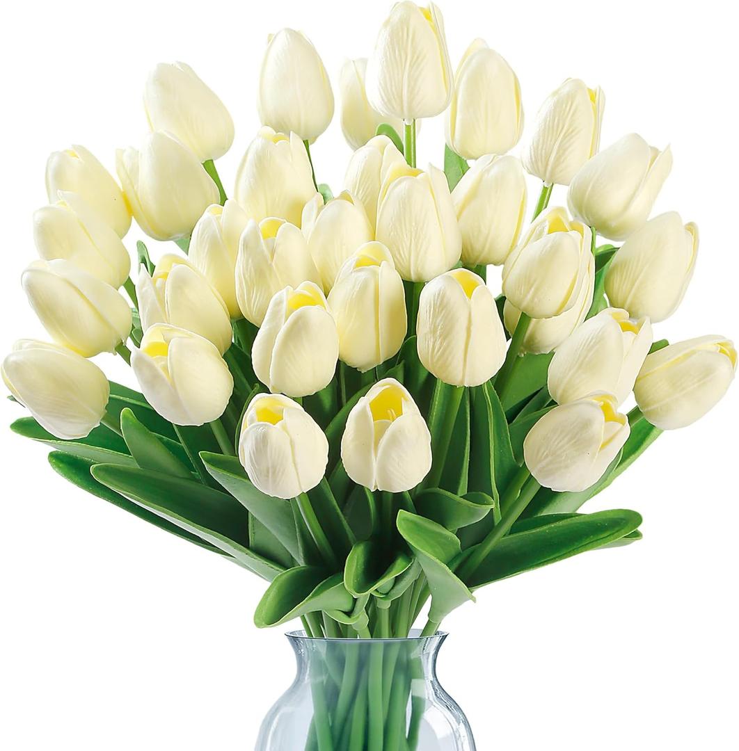 Sggvecsy 15 Pcs Fake Tulips Artificial Flowers Real Touch PU Faux Flowers Tulip Stems for Wedding Spring Bouquet Floral Arrangement Home Party Office Decorations for Mother's Day (Milk White)