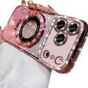 Changjia Magnetic Kickstand Glitter Case for iPhone 17 Pro Max, [Compatible with Magsafe] Cute Bling Sparkly Diamond Rhinestones with Camera Protector Women Girls Case for iPhone 17 Pro Max 6.9", Pink