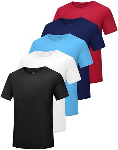 HovSiyla 5 Pack Boys Athletic Shirt Quick Dry Short Sleeve Performance Moisture Wicking T Shirt for Youth Black White Sky Blue Blue Red, M