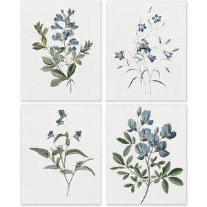 BESERH Blue Wild Indigo Floral Wall Decor, Rustic Botanical Wall Art Prints, Cottagecore Aesthetic Flower Posters for Bedroom Living Room Home Office, 8x10 Inches Set of 4 Unframed