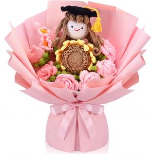 Threehoney Graduation Crochet Flower Bouquet 2026 Graduation Gifts Class of 2026 Grad Party Supplies Pink Handmade Crocheted Flowers and Girl with Diploma Cap for End of Year Teacher Appreciation Gift