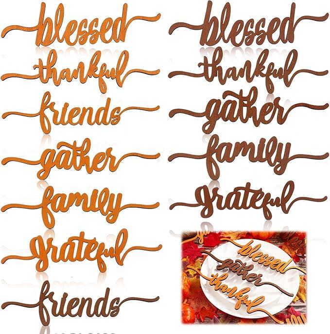 11 Pieces Thanksgiving Wood Cutout Sign Thankful Grateful Blessed Gather Word Sign Rustic Thankful Cards Sign Thankful Place Table Wall Decorations Gather Sign for Home Table Decoration, 6 Styles