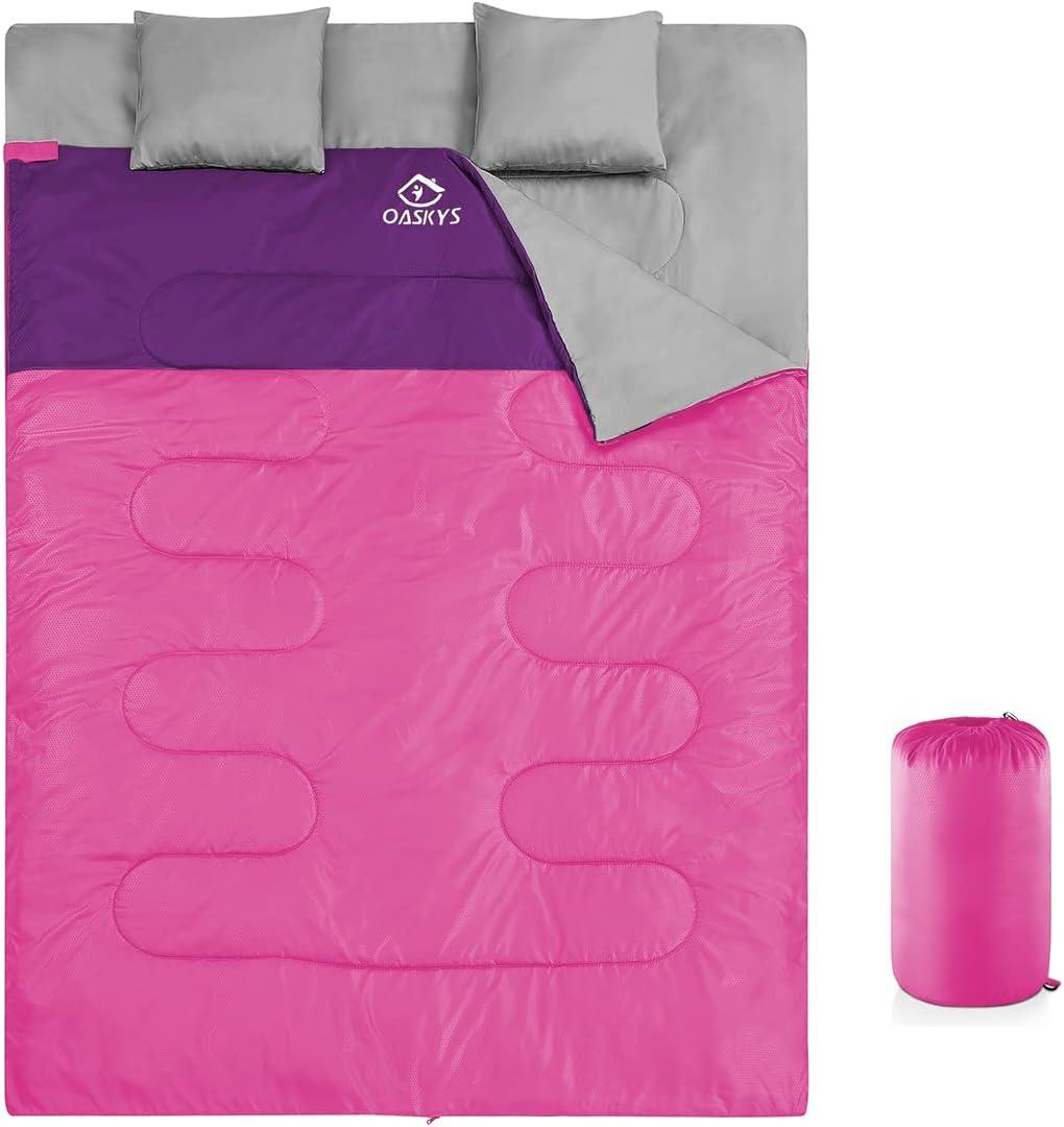 oaskys Double Sleeping Bag for Adults with 2 Pillows - Queen Size XL Waterproof Sleeping Bag for All Season Camping Hiking Backpacking 2 Person Sleeping Bags for Cold Weather & Warm (59in x 86.6", Pink)