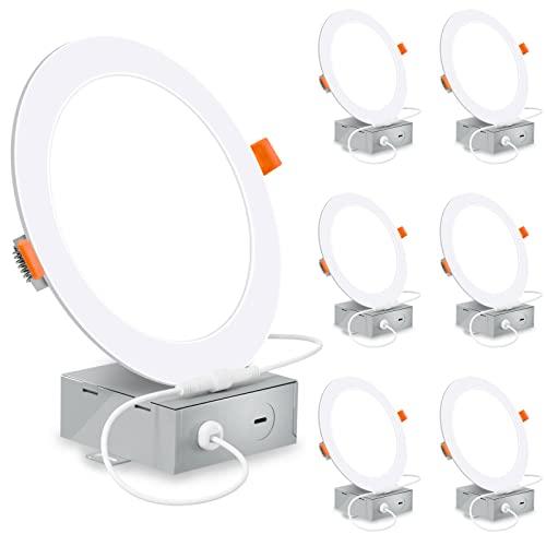 6 Inch Ultra-Thin LED Recessed Lighting with Junction Box, 3000K Warm White Canless Downlight, 12W=110W Eqv, Dimmable LED Ceiling Lights, 850LM, ETL Certified, 6 Pack