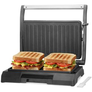 Baker's Friend 2 Slices of Mini Panini Press Electric Grill, Panini Grill Press Sandwich Maker Press, Sandwichera Electrical for Pancakes & Eggs, Oil Tray, Non Stick Surfaces, Stainless Steel