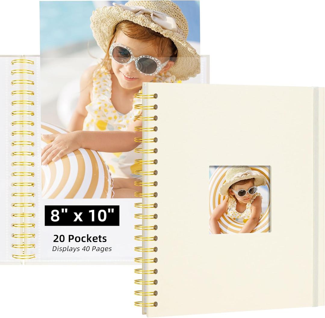 Photo Album 8x10 20 Pockets (Beige) Linen Cover Scrapbook Album for Kids Artwork, School Pictures Art Portfolio Photo Book