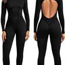 ABOCIW Womens Zipper Long Long Sleeve Workout Jumpsuit Contouring Seams Backless Bodysuit Yoga Rompers Catsuit (8-10, Black)
