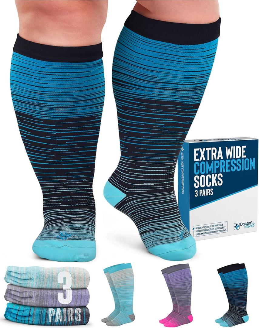 Doctor's Select 3 Pairs Plus Size Compression Socks Wide Calf - Up to 6XL | 20-30 mmHg Compression Socks for Women Wide Calf