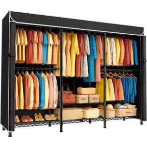 SEMHOR K01C Heavy Duty Clothes Rack with Cover, Freestanding Portable Closet System with Shelves, Adjustable Carbon Steel Garment Rack, Black Clothing Racks for Hanging Clothes, 860LBS Max Load