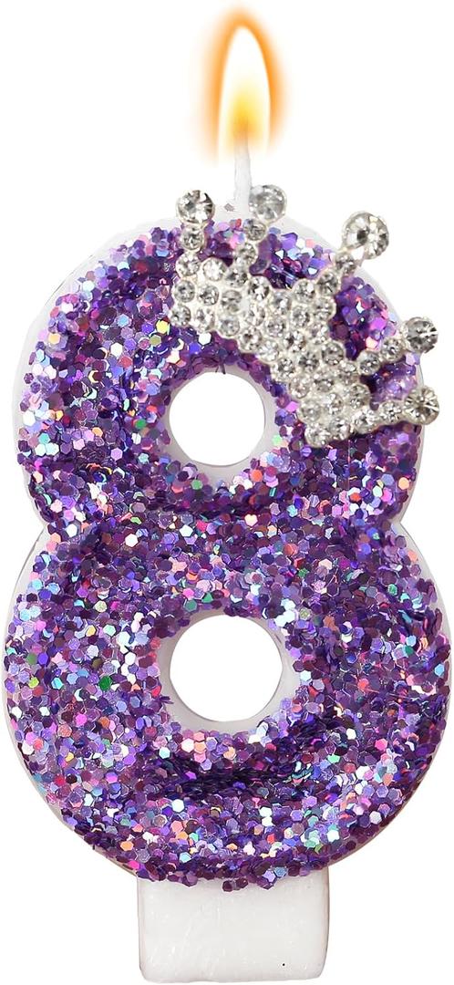 Birthday Number Candles,Purple Crown Birthday Candles for Cake,Glitter Number 8 Candle Cake Topper with Sequins for Anniversary Celebrations Supplies (Number 8)